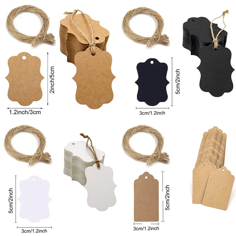 100pcs Kraft Paper Multi-style Packaging Hang Tags Handmade Blank Label With Jute Twine Gift Tags For Price Garment Baby Shower