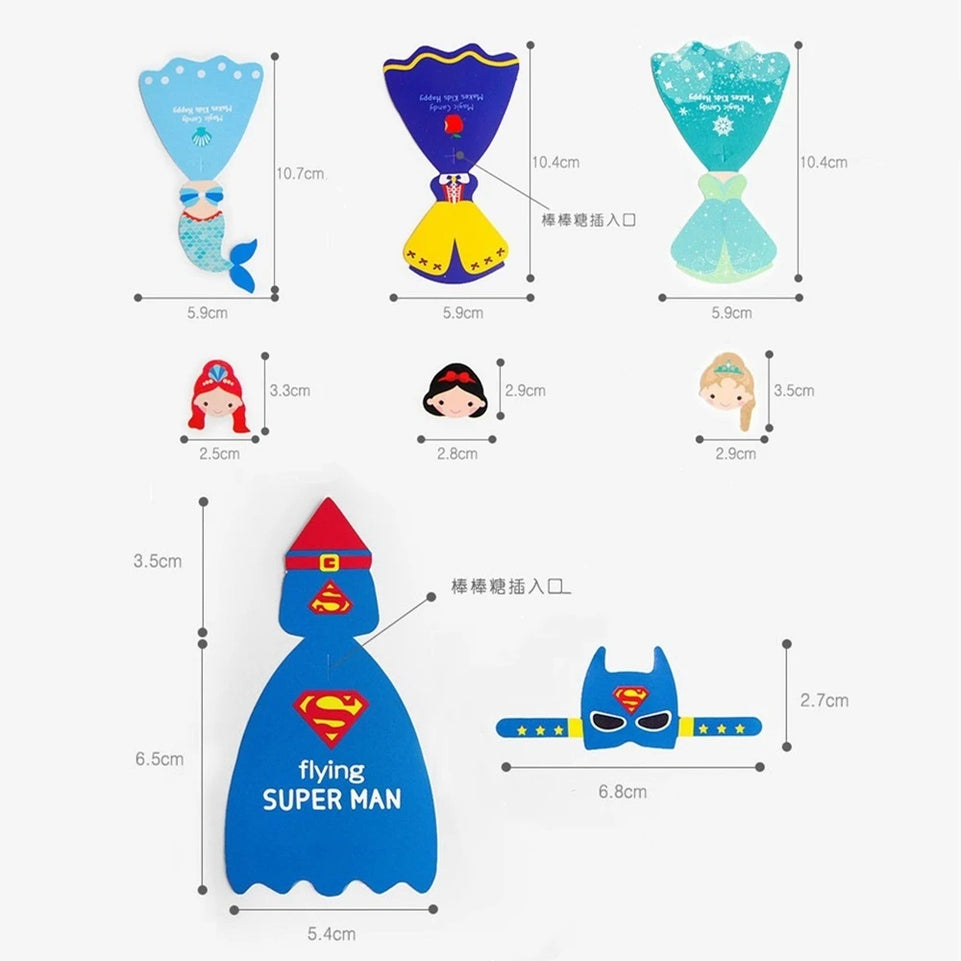 Superhero Princess Mermaid Themed Birthday Favors Baby Shower Cake Candy Lollipop Decoration Cards for Kids Boy Girls Party Gift