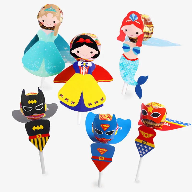 Superhero Princess Mermaid Themed Birthday Favors Baby Shower Cake Candy Lollipop Decoration Cards for Kids Boy Girls Party Gift