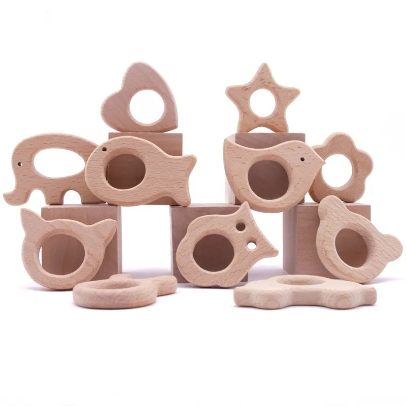 Let's Make 5pcs Wholesale Wooden Teether Rodent Pacifier Pendant Wooden Toys DIY Baby Necklace Gift BPA Free Beech Hedgehog Bird