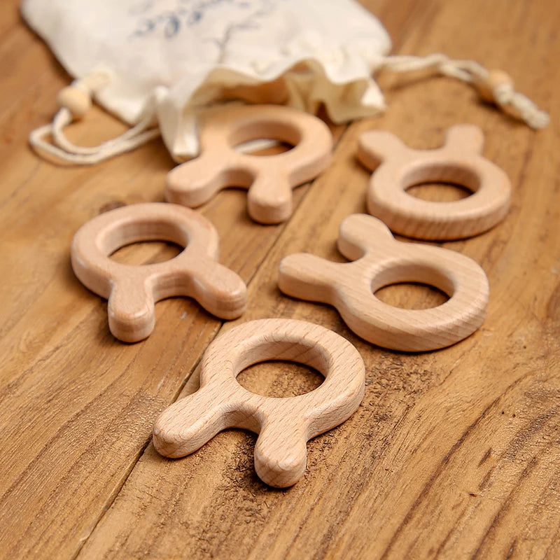 Let's Make 5pcs Wholesale Wooden Teether Rodent Pacifier Pendant Wooden Toys DIY Baby Necklace Gift BPA Free Beech Hedgehog Bird