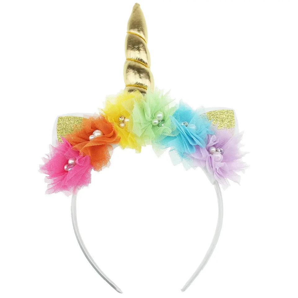 Handmade New Girls Unicorn Horn Hairband Chiffon Mesh Flowers Children Headwear Birthday Gifts Photo Props Hair Accessories