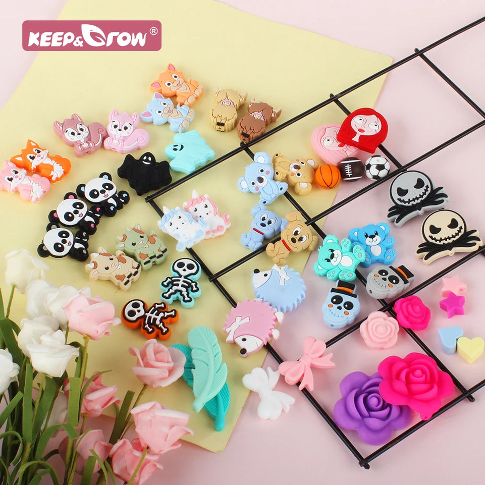 5pcs Baby Silicone Beads Cartoon Animals Teether Tiny Rod DIY Teething Necklace Food Grade Baby Gift Pacifier Chain Accessories